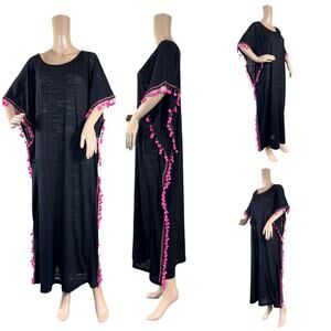 PITUSA  Black Pink Pom Pom  Caftan Long Caftan Size Petite $129